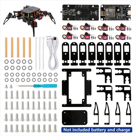 ACEBOTT QD020 ESP8266 Spider Robot Kit – 6- & 9-preset acties, Bluetooth/Wi‑Fi, MG90 servo’s