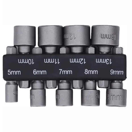 Bitdopset 9-delig – 5 t/m 13 mm – Korte Doppen – Hex Sockets – Schroefbit Set voor Accuschroevendraaiers & Boormach
