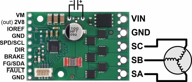 Pololu 5356 – Sensorloze BLDC-motorcontroller (A89301) met gesoldeerde connectoren – 50 V / 11 A