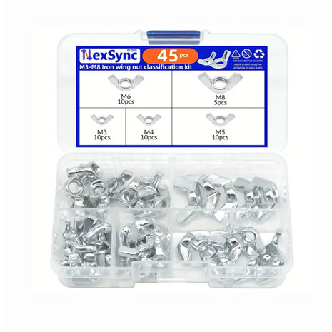 Vleugelmoer Set – 45 Stuks – M3 t/m M8 – Gegalvaniseerd Staal – In Assortimentsdoos