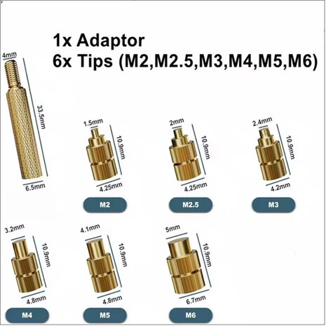 Heat Set Insert Tip Kit – M2 t/m M6 – 7-delig – Voor Kunststof Schroefinserts