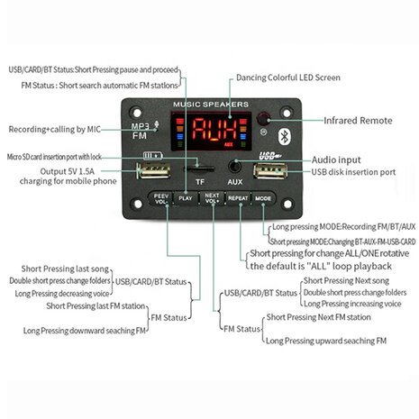 Bluetooth 5.0 MP3 Radio Decoder Module – USB, TF, AUX, FM & Afstandsbediening