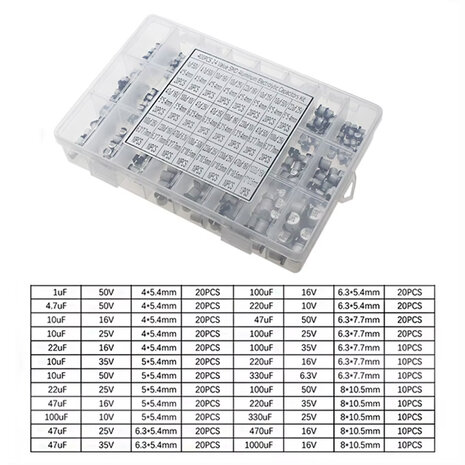 SMD Aluminium Elektrolytische Condensator Assortimentsset – 400 Stuks – 1µF t/m 1000µF – 24 