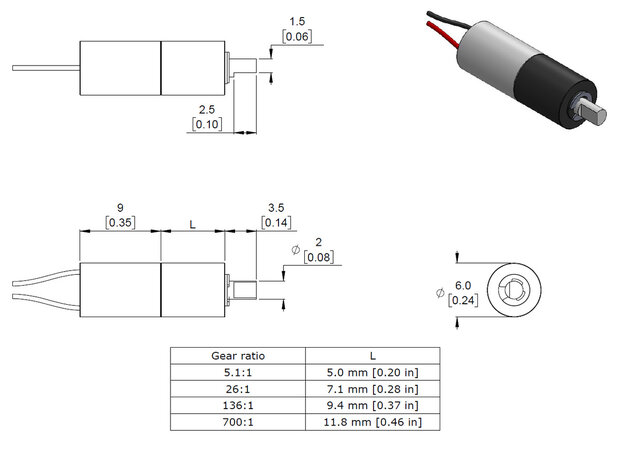 5.1:1 Sub-Micro Planetary Gearmotor – Compacte 6 mm motor Pololu-2331