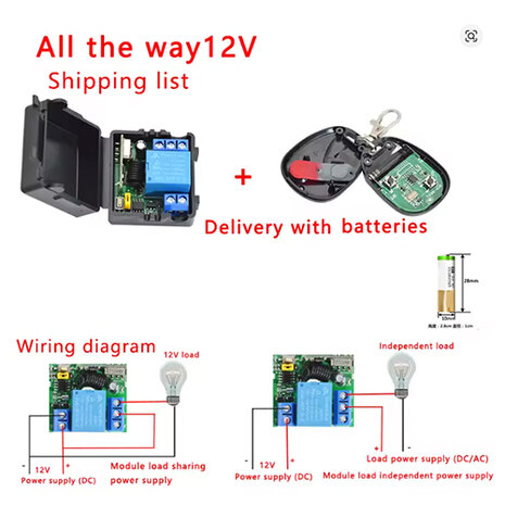 Draadloze Relaismodule met Afstandsbediening – 12V, 1 Kanaal, 433MHz RF (2 knoppen) met batterij