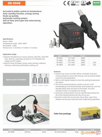 ZD-8908 Hetelucht-soldeerstation Digitaal 300 W 100 - 500 &deg;C