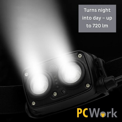 PCW12G LED hoofdlamp outdoor 720 lumen oplaadbaar met bewegingssensor en rode stand spatwaterdicht
