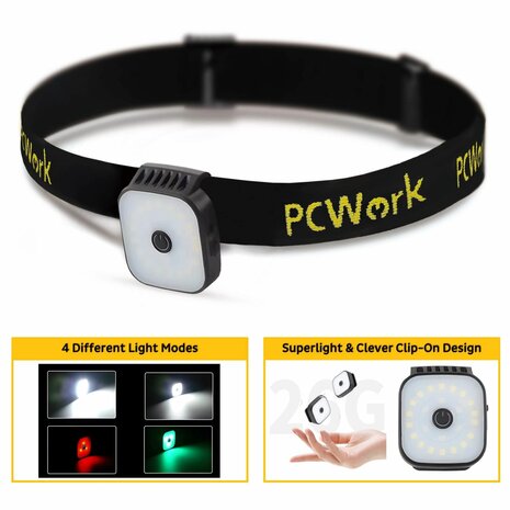 PCW12E LED clip hoofdlamp 200 lumen oplaadbaar USB C met clip en hoofdband IPX4 rood groen knipper