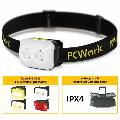 PCW12C LED hoofdlamp 380 lumen USB C oplaadbaar met warm wit koud wit focus en flood IPX4