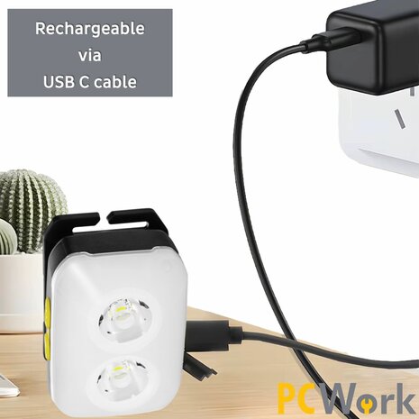 PCW12C LED hoofdlamp 380 lumen USB C oplaadbaar met warm wit koud wit focus en flood IPX4
