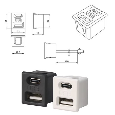 USB inbouwpaneel USB A en USB C 5 V voeding zwart power only