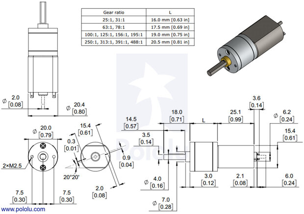  125:1 Metal Gearmotor 20Dx44L mm 6V Pololu 3455
