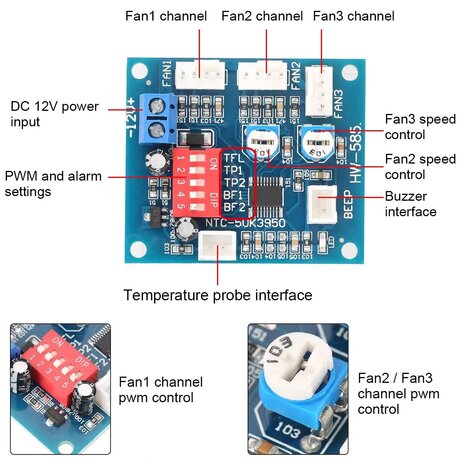 4-draads Pwm 5a Pwm Pc Cpu Ventilator Temperatuurregelingskaart Dc12v 