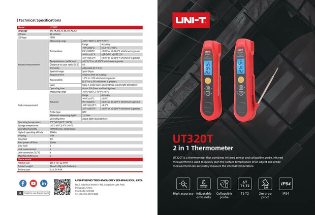 UNI-T UT320T 2-in-1 Thermometer &ndash; Infrarood & Probe &ndash; -40&deg;C tot 300&deg;C
