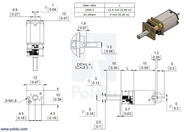 50:1 Micro Metal Gearmotor HPCB with Extended Motor Shaft  Pololu 3073