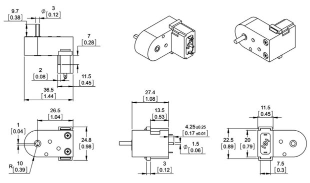 120:1 Mini Plastic Gearmotor, Offset 3mm D-Shaft Output, Extended Motor Shaft Pololu 1516