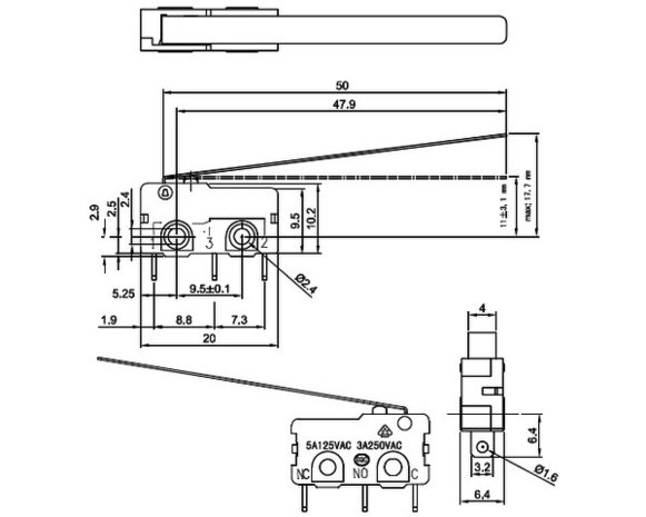 Snap-Action Switch with 50mm Lever: 3-Pin, SPDT, 5A Pololu 1403