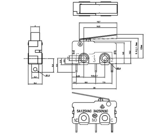 Snap-Action Switch with 16.7mm Lever: 3-Pin, SPDT, 5A Pololu 1402