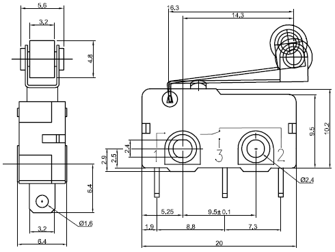 Snap-Action Switch with 16.3mm Roller Lever: 3-Pin, SPDT, 5A Pololu 1404