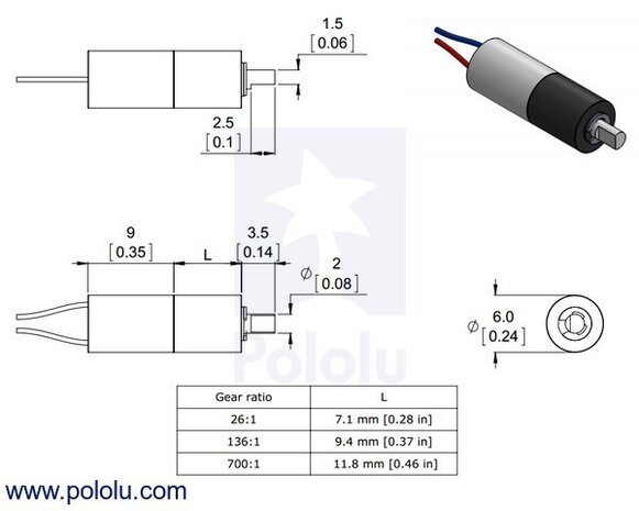 26:1 Sub-Micro Plastic Planetary Gearmotor 6Dx16L mm Pololu 2357