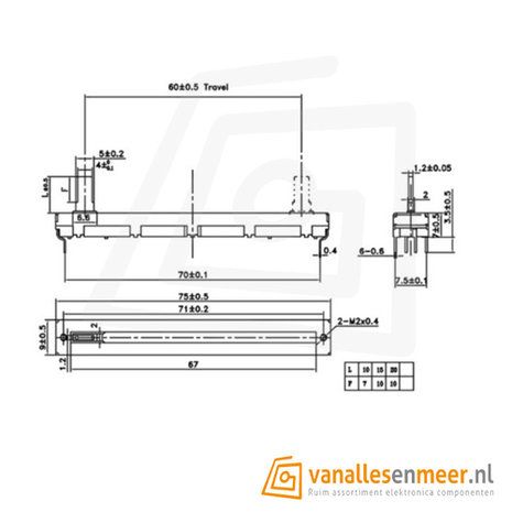 Schuif potentiometer A10K 2 Kanaals 75mm