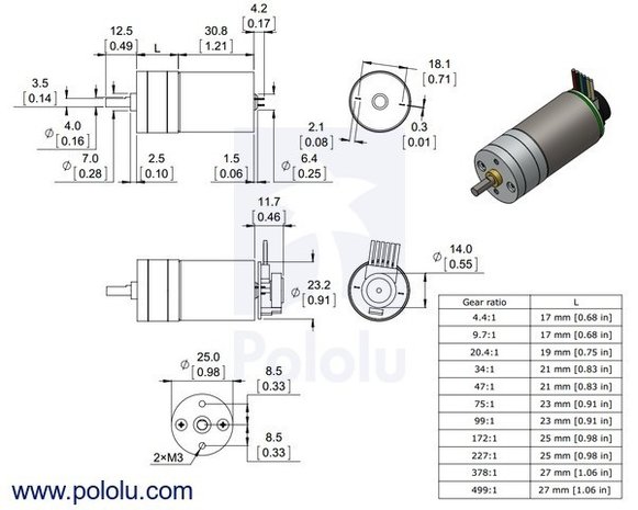 4.4:1 Metal Gearmotor 25Dx48L mm HP 6V with 48 CPR Encoder Pololu 2270