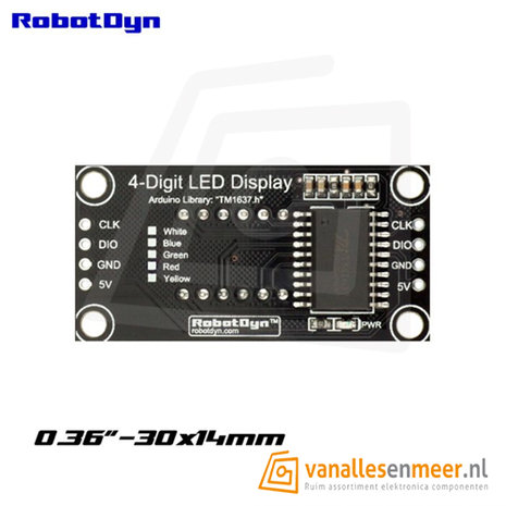 4-Digit LED Display, Groen, 7-segments, TM1637, 30x14mm 