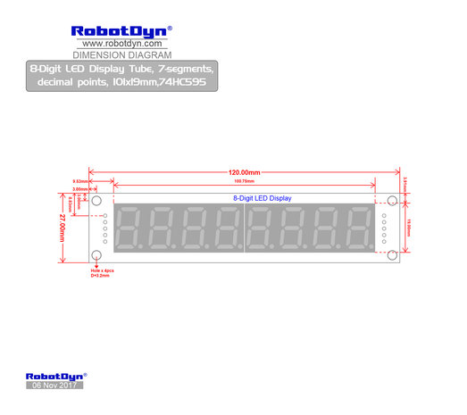 8-Digit LED Display Groen Tube 7-segments, decimale punten, 101x19mm, 74HC595