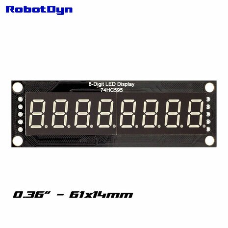 8-Digit LED Display Blauw 7-segments, decimale punten, 61x14mm, 74HC595